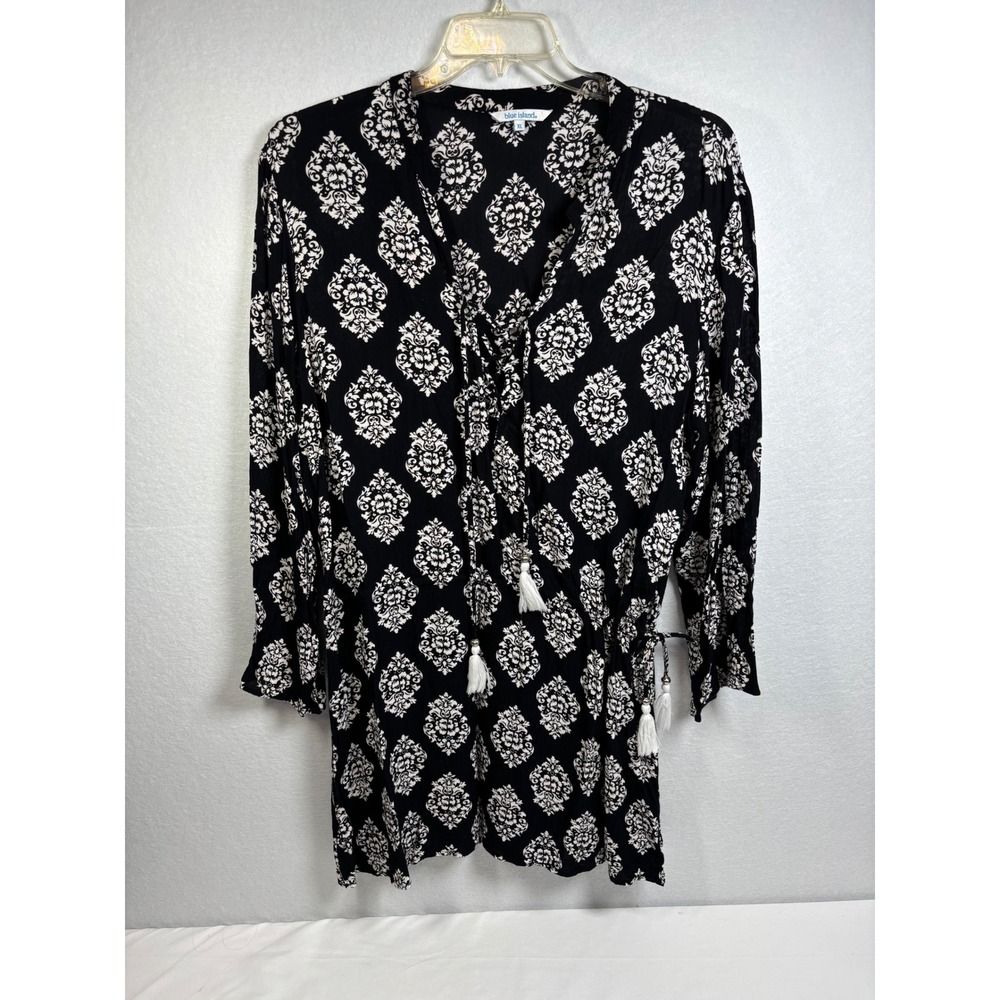 Blue Island Cover Up Women XL Black White Rayon Damask Boho Tassel Beach Tunic